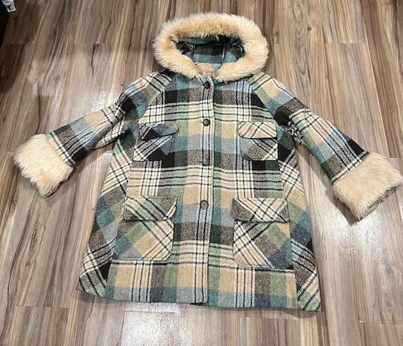 Women s Large Vintage Plaid Faux Fur Fuzzy Penny Lane Style Coat Jacket Acrylic Polyester Etsy UK