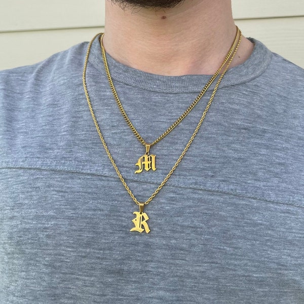 Old English Initial Necklace 18K GOLD Filled Letter Necklace for Men Personalized Name Unisex WATERPROOF Jewelry Birthday Gift for him