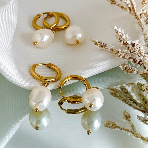 18K Gold Baroque Pearl Irregular Clip-On Earrings, Gold Freshwater Pearl Boho Drop Earrings, Minimalist, Valentine's Day Gift, WATERPROOF