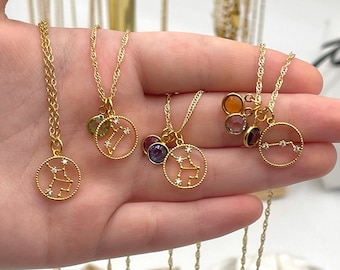 Celestial Zodiac Constellation Birthstone Birth Sign Personalized Layered Pendant Gold Filled Necklace, Astrology Birthday Gift for Her