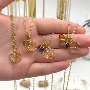 Celestial Zodiac Constellation Birthstone Birth Sign Personalized Layered Pendant Gold Filled Necklace, Astrology Birthday Gift for Her