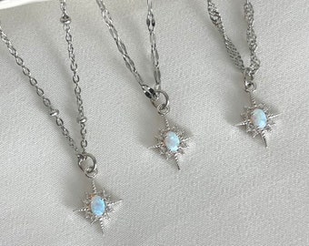 SILVER Opal North Star Necklace • Best Birthday Gift • Celestial Star Necklace • Dainty Opal Jewelry • HYPOALLERGENIC Christmas Gift for Her