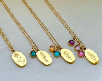 Gold Filled BirthFlower Necklace Birthstone Necklace Floral Zodiac Necklace BirthMonth Necklace Personalized Waterproof Jewelry Gift for Her