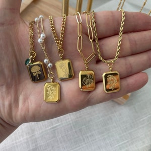 GOLD FILLED Vintage Birthflower Zodiac Necklace Engraved Birth Month Flower Necklace Square Zodiac Necklace WATERPROOF Jewelry Birthday Gift