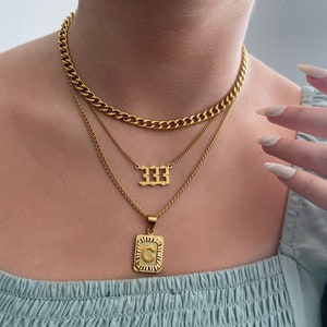18K GOLD Angel Number Layering Necklace SET • Curb Chain Choker • Square Medallion Initial Pendant Necklace • Personalized Birthday Gifts