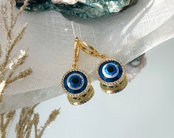 18K GOLD Evil Eye CZ Earrings • Dainty Evil Eye Protection Jewelry • Personalized Evil Eye Hoop Earrings • NONTARNISH Birthday Gift for Her