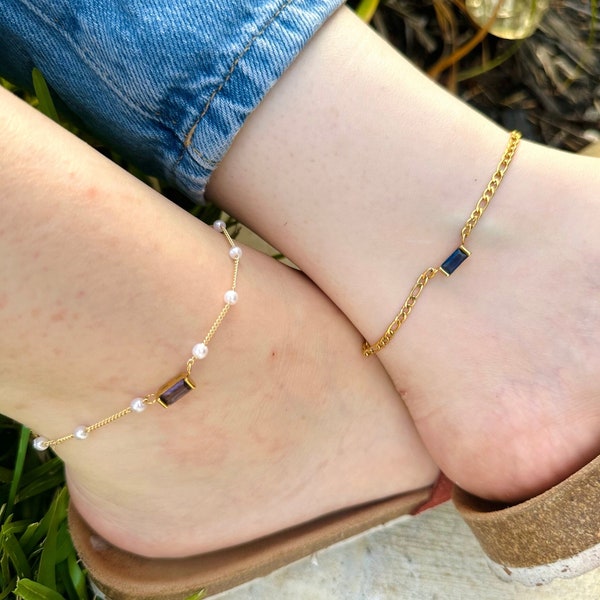 Baguette Birthstone Anklet • Personalized Birthday Gift • Dainty Summer Beach Jewelry • Cubic Zirconia Gemstone Anklet • Best Friend Gift