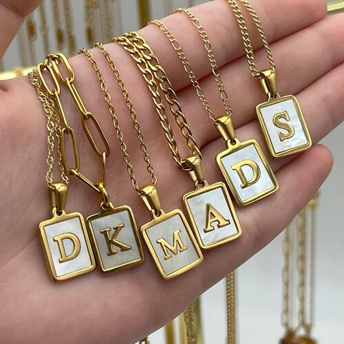 Gold Mother of Pearl Initial Letter Necklace Waterproof Etsy