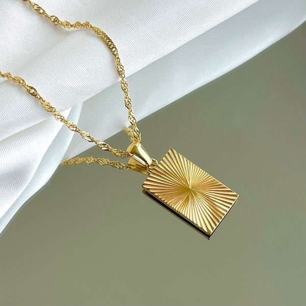 Sunburst Bright Rectangle Necklace, Boho Necklace, Rectangle Pendant, WATERPROOF, Geometric Necklace, Gift for Her