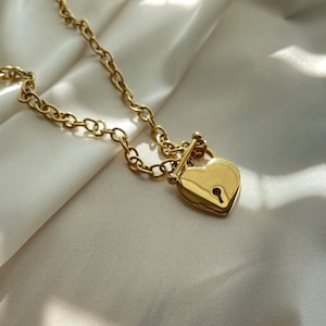 18k Gold Heart Lock Necklace • Gift for Her • Heart Lock Pendant • Heart Locket Necklace • Stainless Steel Jewelry • Valentine's Day Gift