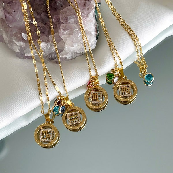 Gold Zodiac Necklace with Birthstone Charm • Astrology Jewelry • Celestial Pendant • Gemstone Zodiac Constellation Necklace • Birthday Gift