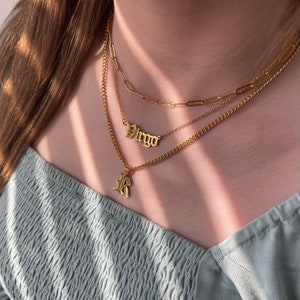 Layering Necklace SET 18K Gold Old English Initial Necklace Paperclip Chain Choker Gothic Zodiac Pendant WATERPROOF Christmas Gift for Her