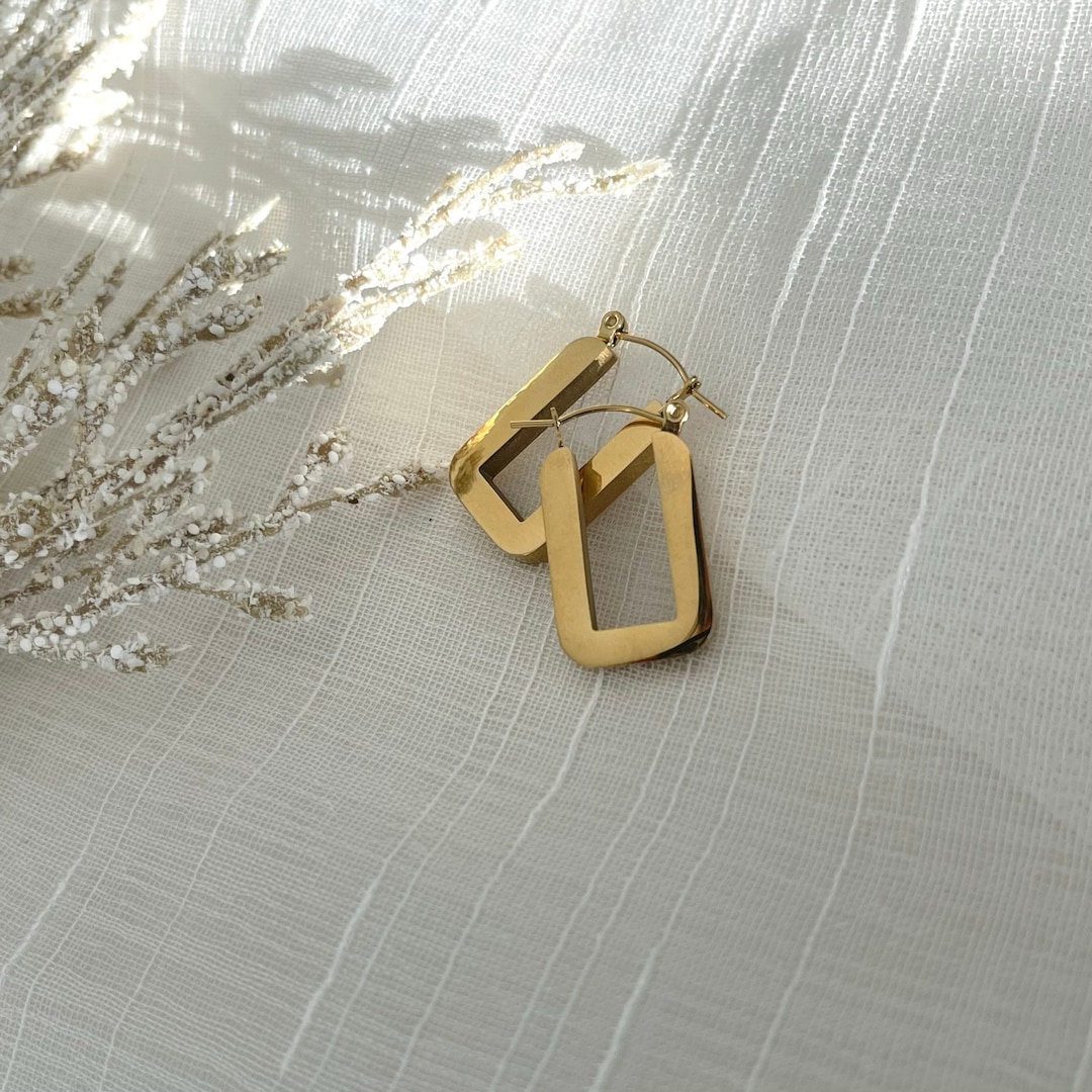 18K GOLD U Shaped Earrings Rectangle Huggie Hoop Earrings Modern Thick