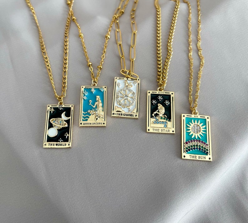 18K GOLD Celestial Enamel Necklace Empress Magician Lovers Moon Star Sun Knight of Cups Pendant Non Tarnish Jewelry Christmas Gift for Her image 2