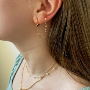 GOLD FILLED Minimalist Double Piercing Chain Earrings, Connected Double Hoops, WATERPROOF, Personalized Bridesmaid Gift for Her image 4