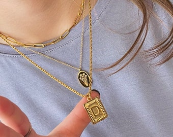 GOLD 3-Layer Birth Flower Floral Zodiac Sign Medal Initial Letter Square Medallion Paperclip Necklace Set Handmade Jewelry Personalized Gift