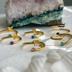 18K Gold Zodiac Sign Birthstone Adjustable Constellation Ring Astrology WATERPROOF Rings Personalized Zodiac Jewelry Birthday Gifts for Her