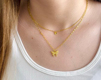 GOLD Butterfly Layered Necklace Set Collar mariposa de doble capa chapado en oro 925 Plata de ley IMPERMEABLE Regalo de Navidad para ella
