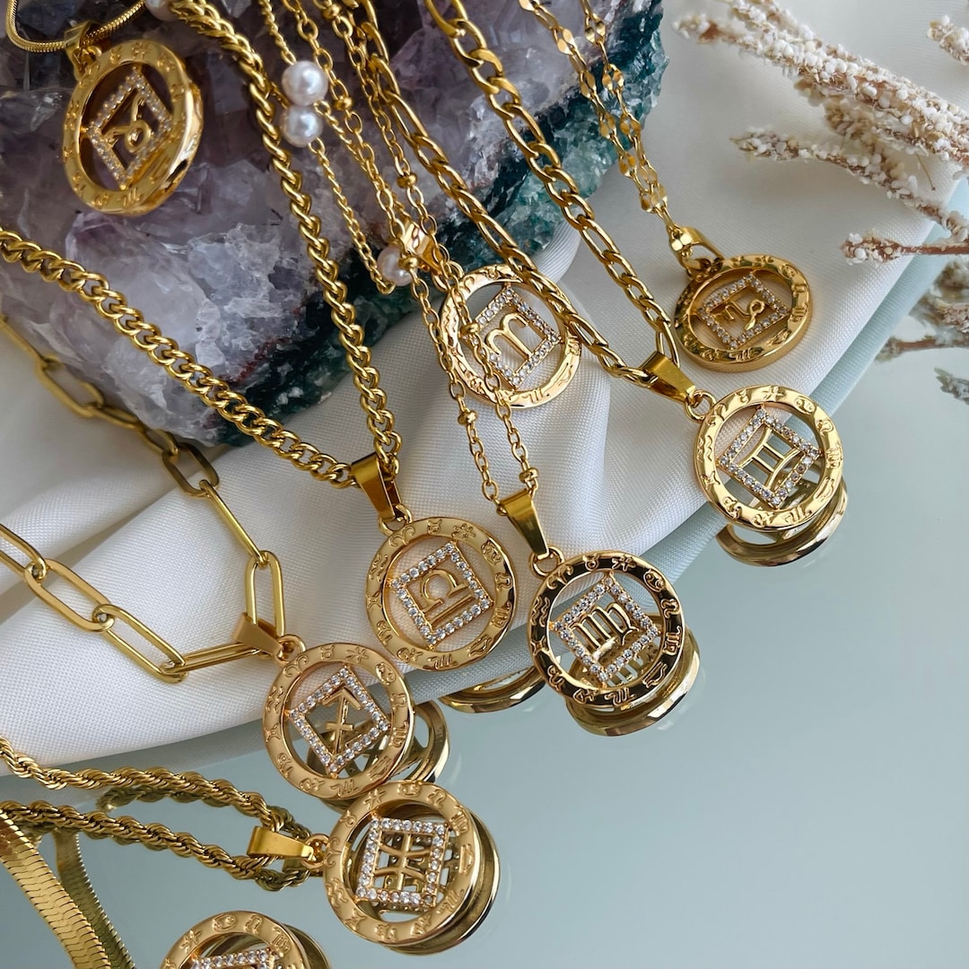 18K GOLD Zodiac Necklace Coin Astrology Zodiac Jewelry Taurus Gemini ...
