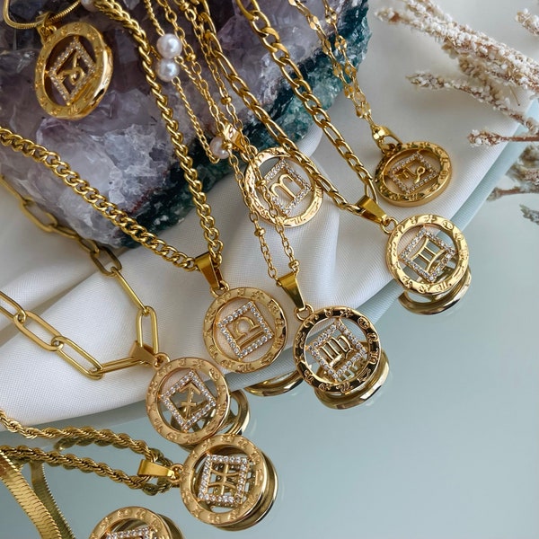 Collar del zodíaco de ORO de 18 quilates Moneda Astrología Joyería del zodíaco Tauro Géminis Cáncer Collares colgantes HIPOALERGÉNICOS Regalos personalizados de dama de honor