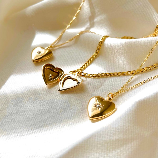 Gold Heart North Star Necklace, Heart Locket Necklace, Heart Cubic Locket, Layering Necklace, Heart Pendant, Anniversary Gift, Birthday Gift