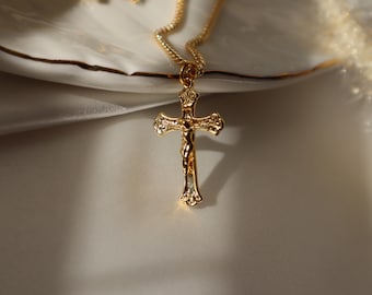 Gold Filled Dainty Cross Unisex Religious Crucifix Pendant Necklace, Jesus Pray Rosary Cross Charm Gift, Cross Pendant, Christmas Gift