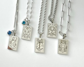 SILVER Tarot Card Necklace • Best Friend Gift • WATERPROOF Zodiac Pendant • Medallion Necklace • Astrology Charm Necklace • Birthday Gift