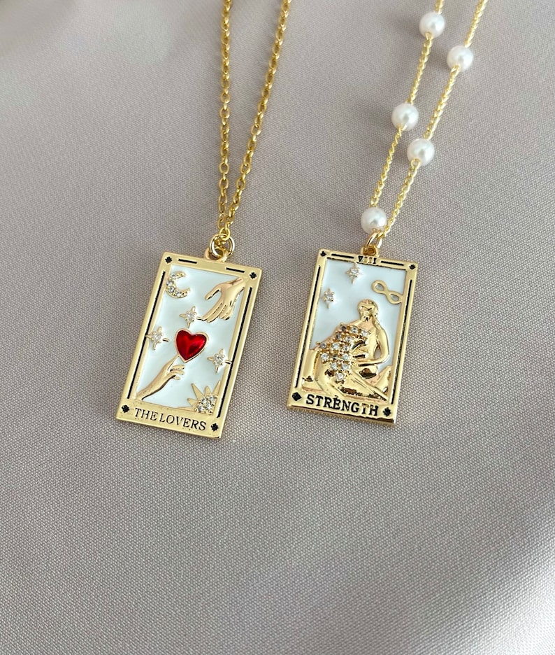 18K GOLD Celestial Enamel Necklace Empress Magician Lovers Moon Star Sun Knight of Cups Pendant Non Tarnish Jewelry Christmas Gift for Her image 3