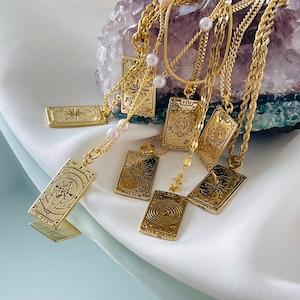 GOLD FILLED Antique Tarot Card Deck Zodiac Sign Necklace Tag Necklace Moon Star Fortune Sun World Justice Strength Empress Birthday Gift