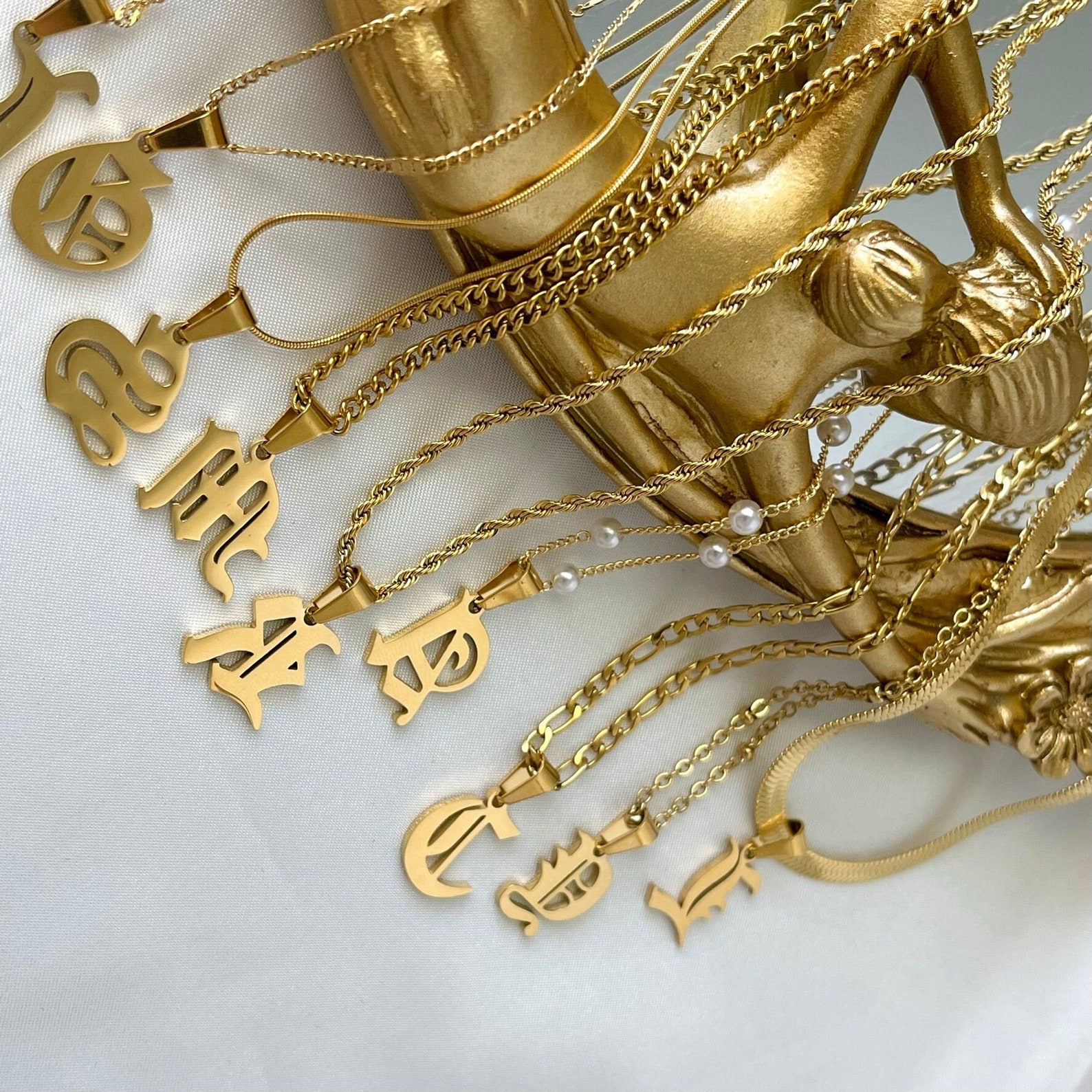 Women's 18K Gold Plated Initial Necklace - Old English Letter Pendant Stainless Steel - View #8