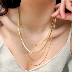 Gold Snake Chain | Layering Snake Chain | Herringbone Necklace Set | Gold Layered Snake Necklace | Herringbone Layering Necklace Set, UNISEX