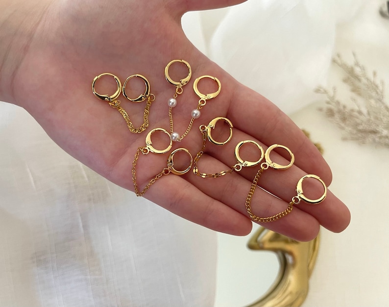 GOLD FILLED Minimalist Double Piercing Chain Earrings, Connected Double Hoops, WATERPROOF, Personalized Bridesmaid Gift for Her image 3