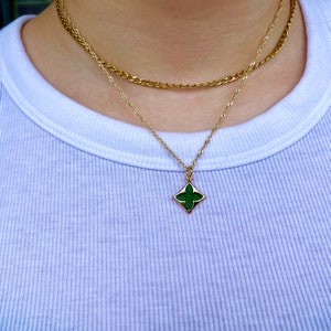 Dark Olive Four Leaf Lucky Clover Necklace, Gold Filled Lucky Clover Necklace, Cross Pearl, Lucky Charm, Christmas Gift, TRENDY