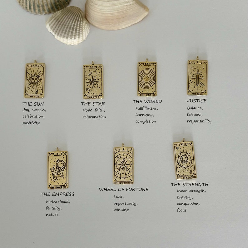 GOLD FILLED Antique Tarot Card Deck Zodiac Sign Necklace Tag Necklace Moon Star Fortune Sun World Justice Strength Empress Birthday Gift zdjęcie 2