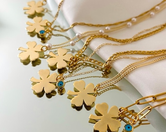 Gold Four Leaf Clover Charm Necklace, Good Luck Necklace, Lucky Clover Jewelry, Gift for Her, Anti-Tarnish, Christmas Gift