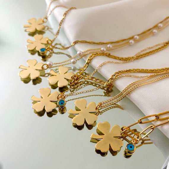 18K Gold Waterproof Clover Earrings and Necklace Set,Gold Lucky Four Leaf  Clover Earrings and Bracelet,Tarnish Free Clover Jewelry Set