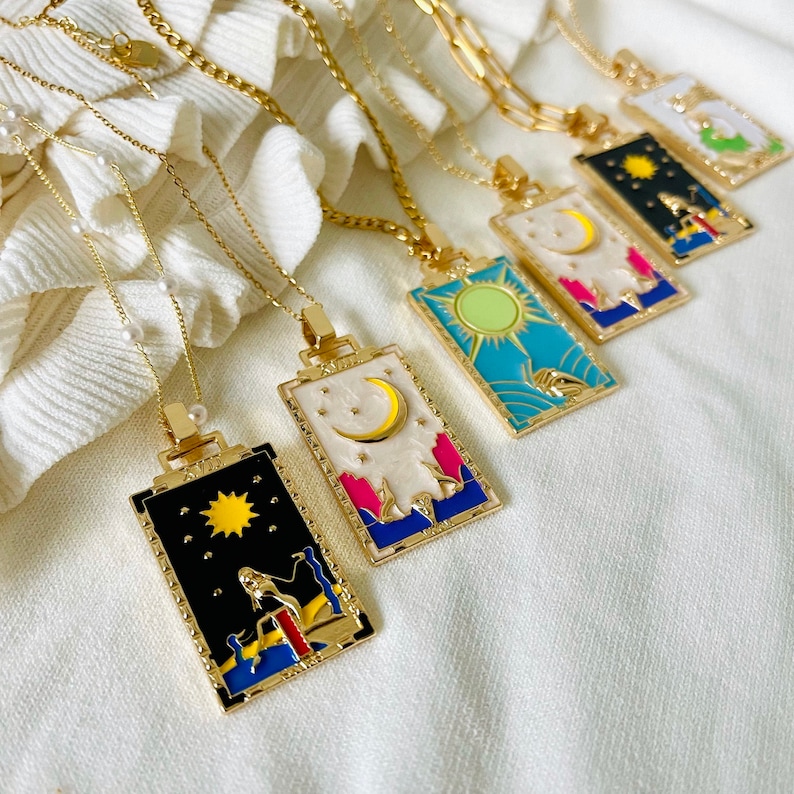 18K Gold Tarot Card Pendant Star Sun Moon  Strength Symbolic Necklace, Spiritual Charm Rectangular Personalized Bridesmaid Gift for Her 