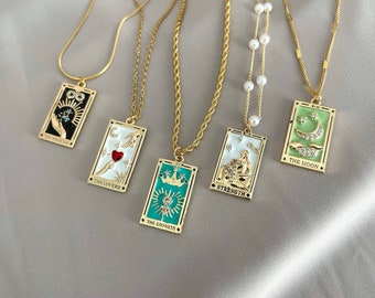 18K GOLD Celestial Enamel Necklace Empress Magician Lovers Moon Star Sun Knight of Cups Pendant Non Tarnish Jewelry Christmas Gift for Her