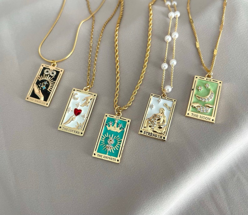 18K GOLD Celestial Enamel Necklace Empress Magician Lovers Moon Star Sun Knight of Cups Pendant Non Tarnish Jewelry Christmas Gift for Her image 1