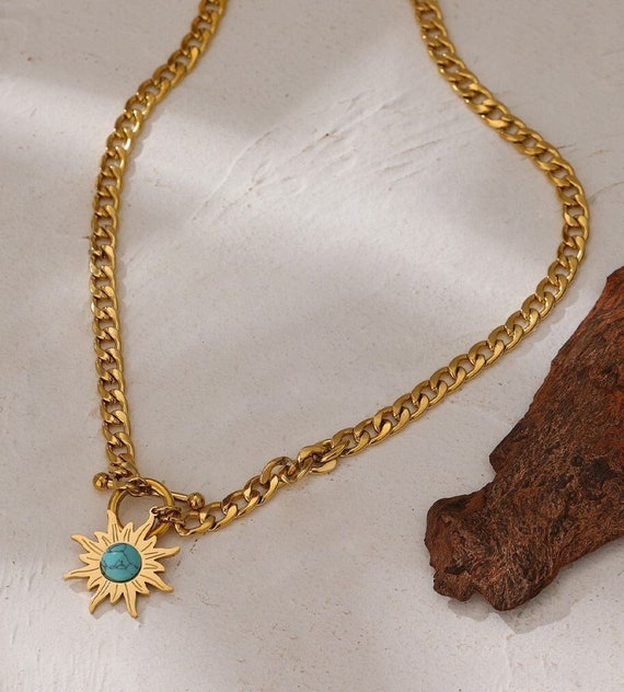 18K Gold Plated Sunflower Necklace, Flower Necklace, Blue Sun Necklace, Gift for Mom, Everyday Necklace, Charm Necklace, Anniversary Gift