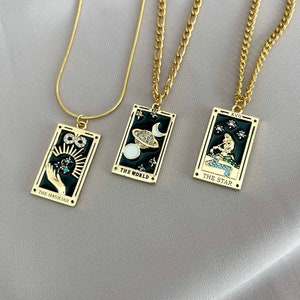 18K GOLD Celestial Enamel Necklace Empress Magician Lovers Moon Star Sun Knight of Cups Pendant Non Tarnish Jewelry Christmas Gift for Her image 8