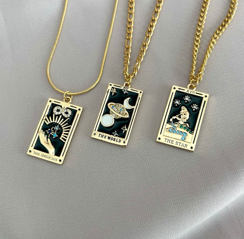 18K GOLD Celestial Enamel Necklace Empress Magician Lovers Moon Star Sun Knight of Cups Pendant Non Tarnish Jewelry Christmas Gift for Her image 8