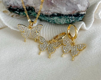 GOLD FILLED Butterfly Earrings Necklace Set • Mariposa Earrings • Butterfly Necklace • Stainless Steel Jewelry • Unique Bridesmaid Gifts