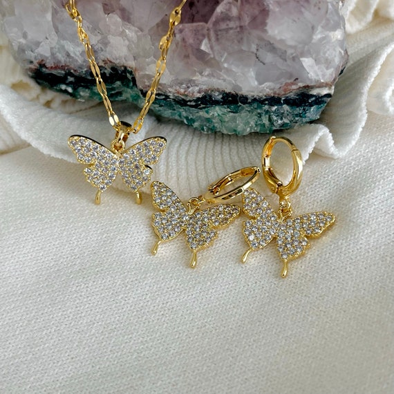 GOLD FILLED Butterfly Earrings Necklace Set Mariposa Earrings