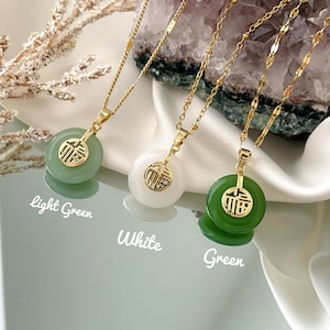 18K Gold Buddha Natural Light Jade Fortune Fu Green White Necklace Circle Lucky Charm WATERPROOF Gold Filled Chain Gift for Mom
