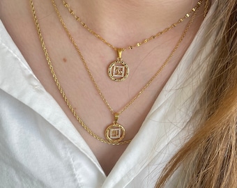 GOLD FILLED Zodiac Sign Coin Necklace Constellation Horoscope Pendant Cubic Zirconia Stone Necklace WATERPROOF Birthday Gift for Her