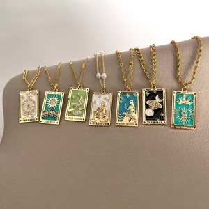 GOLD Enamel Tarot Necklace Moon Star Sun Knight of Cups Celestial Zodiac Sign Pendant Star Sign HYPOALLERGENIC Personalized Bridesmaid Gift
