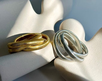 Stackable Elastic Chunky Chain in Gold & Silver • Three Layer Design Herringbone Chain Bracelet • Snake Chain Bracelet • Christmas Gift