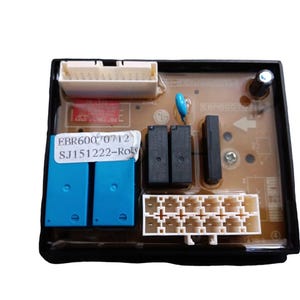 May include: A black circuit board with a white connector, two blue relays, and a black capacitor. The board has the text "EBR60070712 SJ151222-RO3" printed on it.