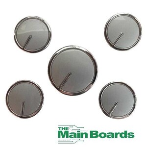 May include: Five circular silver control knobs with a metallic finish and a single thin indicator line extending from the center to the edge. The knobs are arranged in a cluster, and the text THE MAIN BOARDS is printed in green at the bottom.